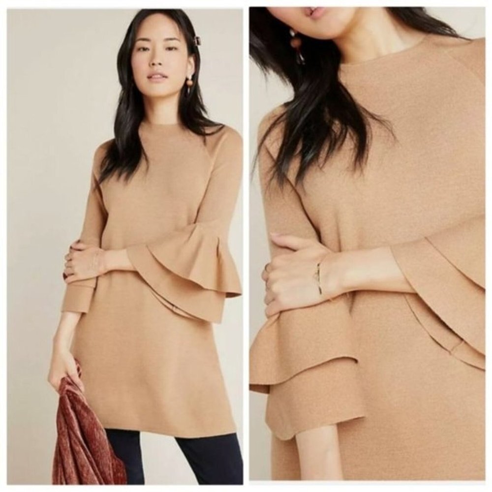 Anthropologie Ruffled Sleeve Sweater Knit Tunic Dress Honey/Camel Sz M $130 - Picture 1 of 11